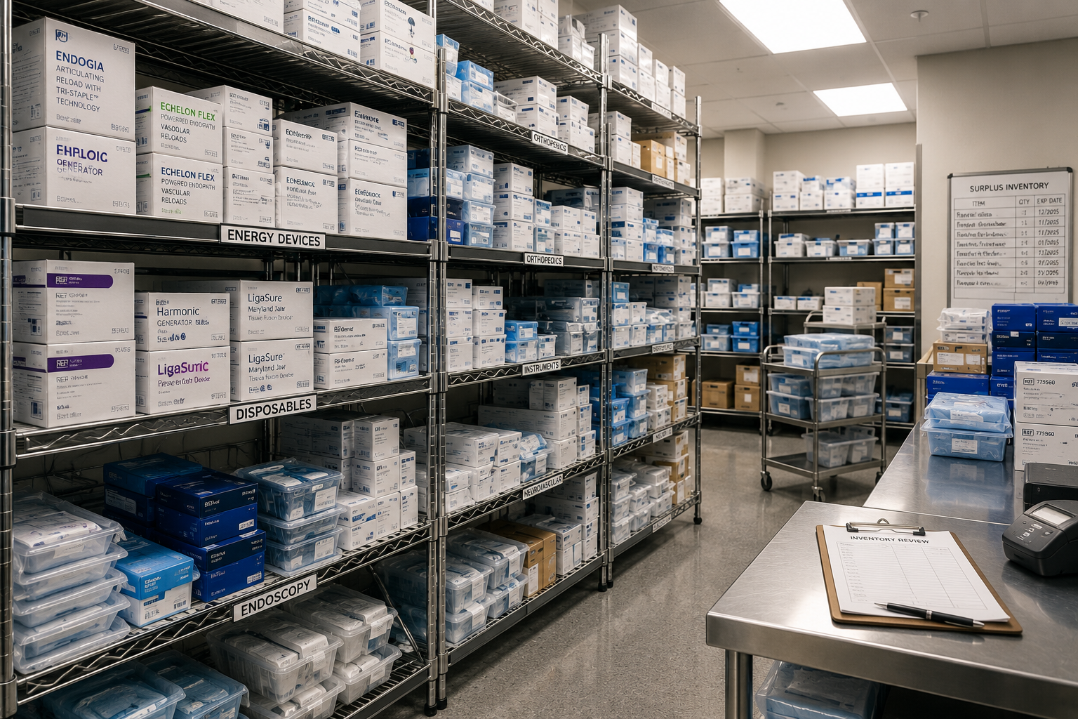 Hospital storeroom with surplus surgical supplies and excess inventory ready for value recovery through The Hospital Hub.