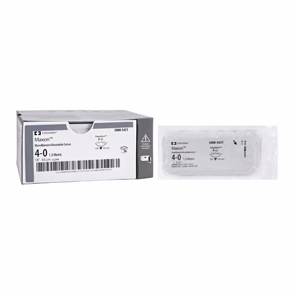 SMM-5431 — COVIDIEN MAXON MONOFILAMENT ABSORBABLE SUTURE 4-0 1.5 METRIC 45CM CLEAR EDGELLANT P-11 CUTTING 3/8 16MM (GREY) (BOX OF 36).